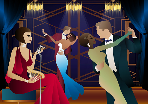 Singer and couple of people dancing in vintage costumes. Retro party in the style of the 1920-1930s. Vector illustration.