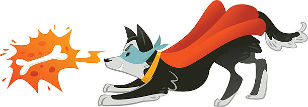ilustrações de stock, clip art, desenhos animados e ícones de super herói cão está olhando para cima no osso with fire (expressão inglesa) - heroes dog pets animal