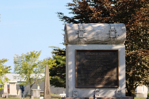 Portland, ME, USA, 9.4.22 - The Alonzo P. Stinson war memorial in the Eastern Cemetery.