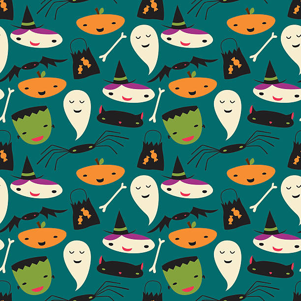 Cute Halloween Icons Seamless Pattern vector art illustration