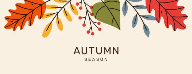 Vector illustration of Autumn seasonal minimal banner with border bright leaves with place for text. Trendy modern background. Template for advertising, web, social media.