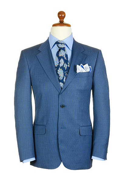 istock Male clothinh suit on stand isolated white 159043538