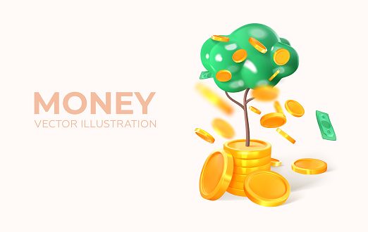 Money tree with coins and dollar bills. Income growth. In 3d style. Vector illustration