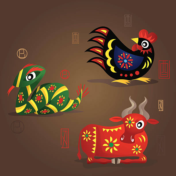 ilustrações de stock, clip art, desenhos animados e ícones de chinese zodiac mascots: galo, cobra e almiscarado - snake chinese new year chinese zodiac sign china