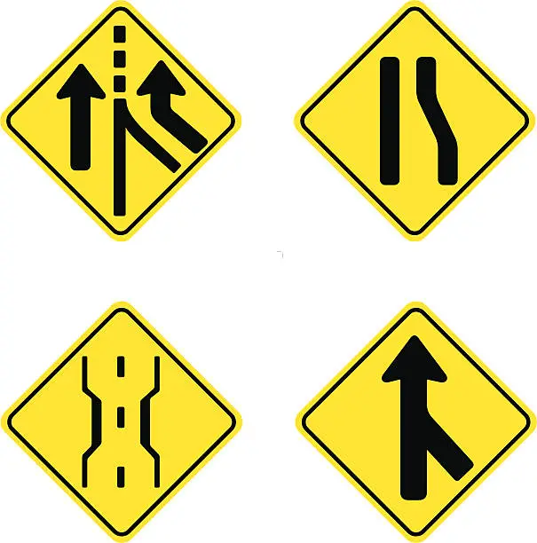 Vector illustration of Road Signs - Caution, Merging, Add Lane