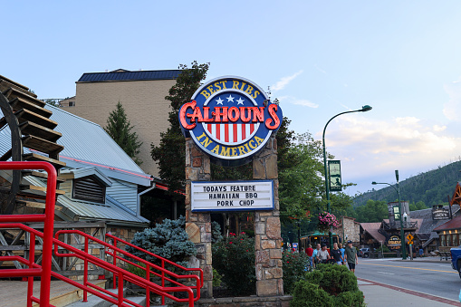 Gatlinburg, Tennessee, USA - July 31, 2023: The exterior of Calhouns Restaurant on the Parkway in downtown Gatlinburg, Tennessee
