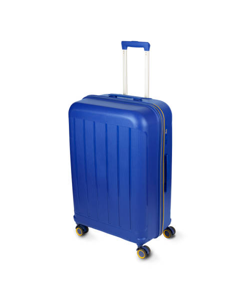 istock Blue Plastic Trolley Travel Case with Metal Handle Isolated on a White Background 1590518056