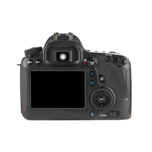 istock Back view of modern DSLR camera isolated on a white background 1590521239
