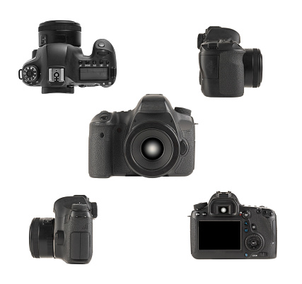Different views of modern DSLR camera isolated on a white background