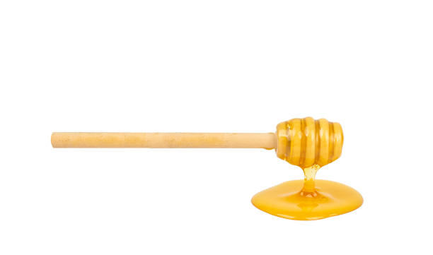 istock Honey dripping from dipper wooden honey stick or spoon on a white background 1590533035
