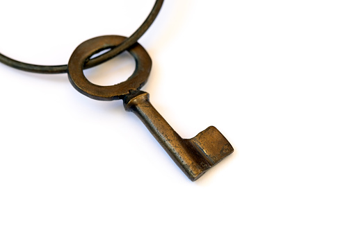 One Single Metal Key with Key Rings in the Shape of a House Inserted in a Door Lock on White Background 3D Illustration