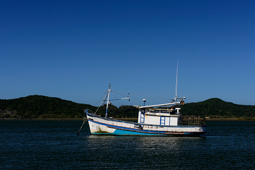 Trawler anchored in the Rio Grande channel on the coast of the state of Rio Grande do Sul in Brazil