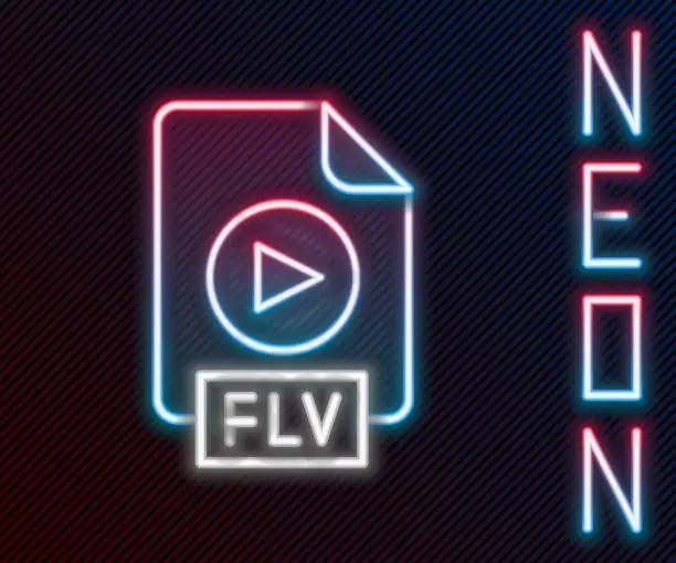 Vector illustration of Glowing neon line FLV file document video file format. Download flv button icon isolated on black background. FLV file symbol. Colorful outline concept. Vector