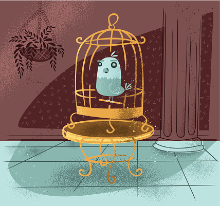 A retro illustration of a bird in cage