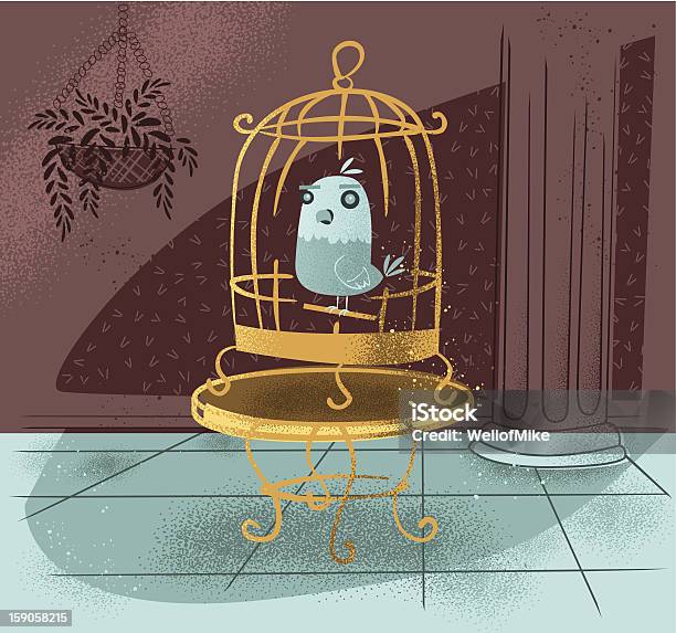 Retromodern Bird In Cage Stock Illustration - Download Image Now - Animal Themes, Architectural Column, Bird