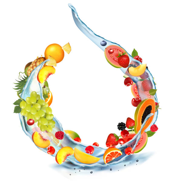 istock Fruits and berries in water splashes. Apricot, watermelon, cherry, papaya, pineapple, limon, orange, mint, mango in water splash and drops. Vector illustration. 1590588548