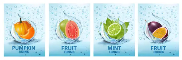 Vector illustration of Set of labels with fruit and vegetables drink. Fresh fruits juice splashing together- papaya, passion fruit, mint, limem pumpkin in water drink splashing. Vector illustration.