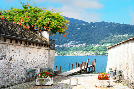 Wooden pontoon on Lake Orta, Italy, great lakes region.