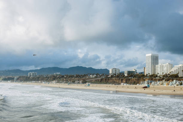 Wide angle shot of the Santa Monica beach in Los Angeles, California