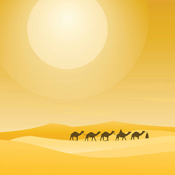 Caravan With Sand Dunes Layers of visible sand hills and camel trip with guide. EPS version 10 with transparency and AI CS5 included in download. camel train stock illustrations