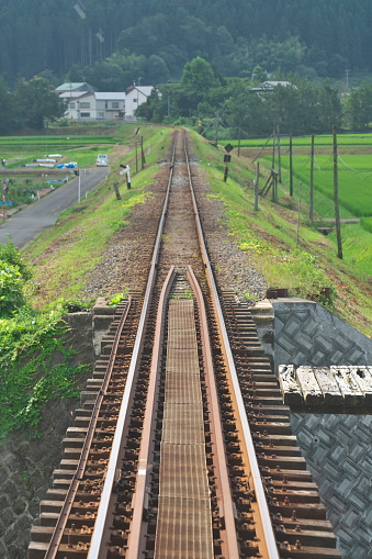 Akita, Japan - July 28, 2023: Single-track railway in rural zone in Akita, Japan