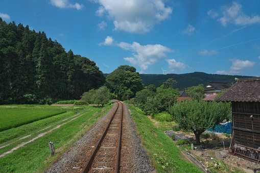 Akita, Japan - July 28, 2023: Single-track railway in rural zone in Akita, Japan