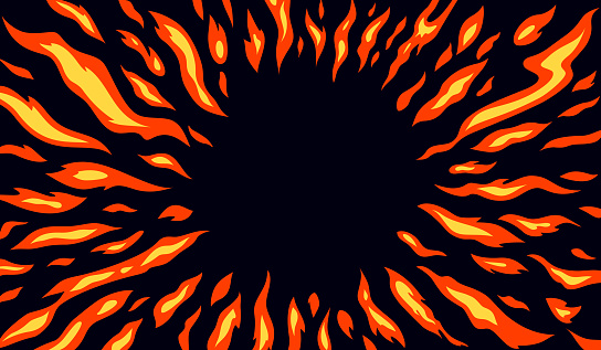 Circle Fire Flame Pattern on Dark Background. Ring Fiery Frame in Cartoon Anime Style. Vector Burn Fire Texture.