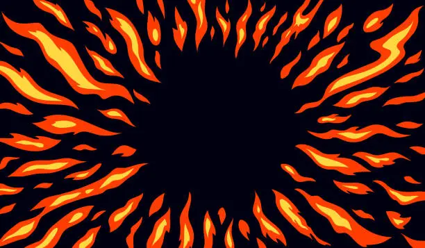 Vector illustration of Circle Fire Flame Pattern on Dark Background. Ring Fiery Frame in Cartoon Anime Style. Vector Burn Fire Texture