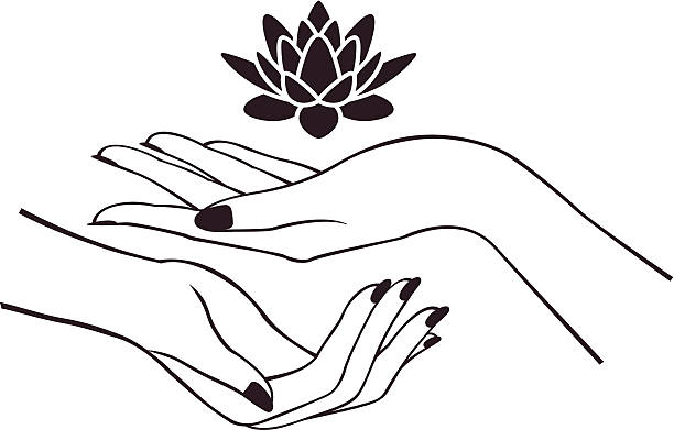 ilustraciones, imágenes clip art, dibujos animados e iconos de stock de manos con lotus - salón de belleza para manicura