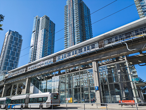 Burnaby, British Columbia - August 03, 2023: The Metrotown SkyTrain station along Central Boulevard