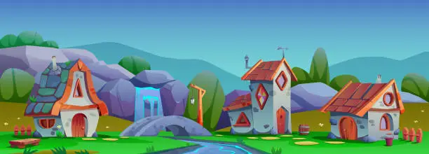 Vector illustration of Rustic landscape, village with cute houses. Mountainous area with a waterfall, stone bridge across the river, a tower house with a stained-glass window. Panoramic landscape, parallax. Vector cartoon