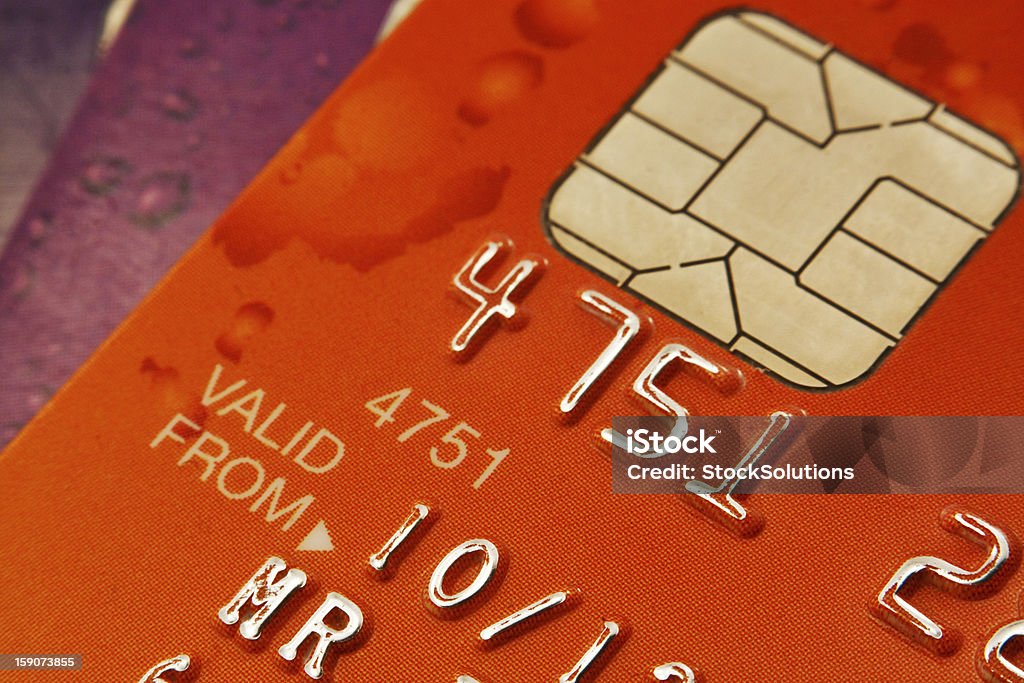 chip and pin bank cards Plastic Bank cards with focus on the Chip and pin security device Close-up Stock Photo