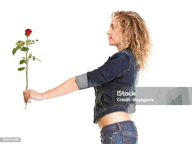 Schöne Blonde Junge Frau In Jeans Romantische Rote Rose Isoliert Stockfoto und mehr Bilder von Attraktive Frau