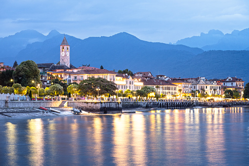 Italy Piedmont : Baveno village by night, on the shore of Lake Maggiore, in Northern Italy (great lakes region). July 14th, 2023
