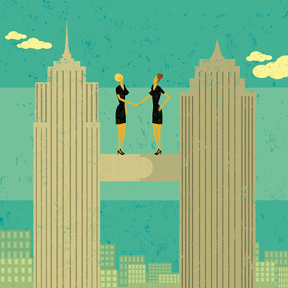 Two businesswomen shaking hands after merging their companies together. The women and skyscrapers are on a separate labeled layer from the buildings and background.