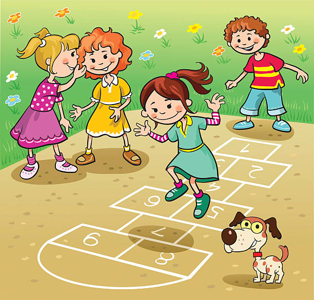 Children Playing Hopscotch Group of children having great fun playing hopscotch in the park. hopscotch stock illustrations