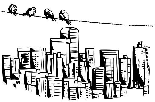 Sketch illustration of a downtown cityscape with high-rises and a simple electric wire with four sparrows perched on it.