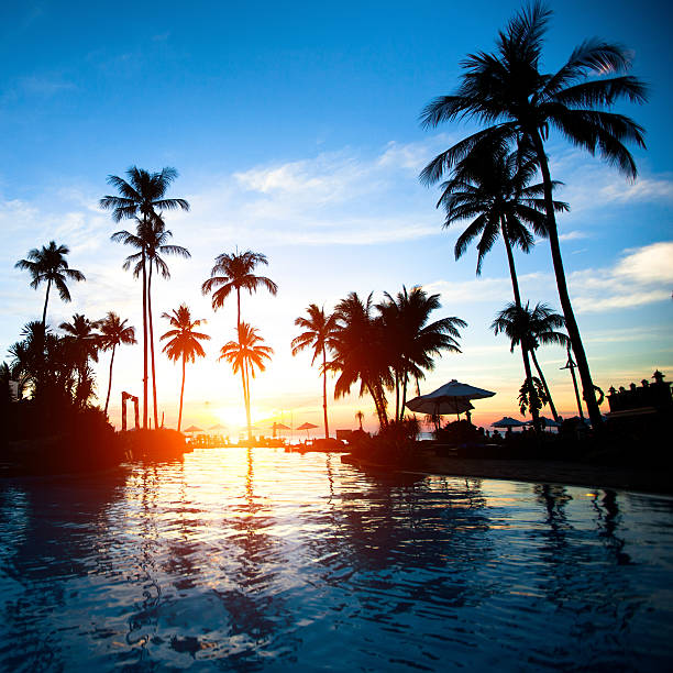 istock Beautiful sunset at a beach resort in the tropics 159082740