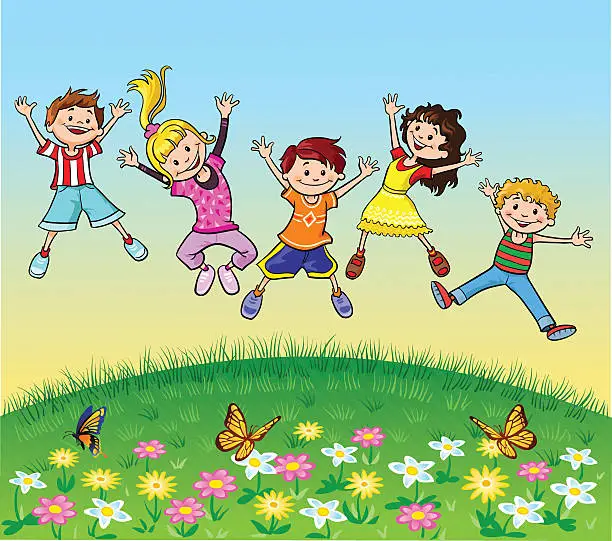 Vector illustration of Happy Jumping Children