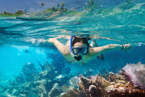 Young women snorkeling in Carribean sea, Mexico