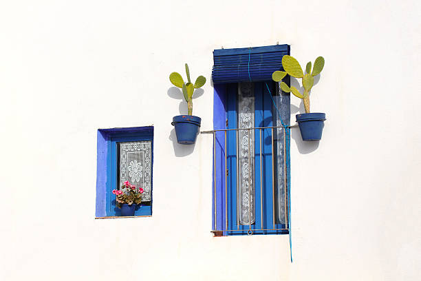 Blue windows on white wall. Blue windows on the white wall in Peniscola, Spain truism stock pictures, royalty-free photos & images