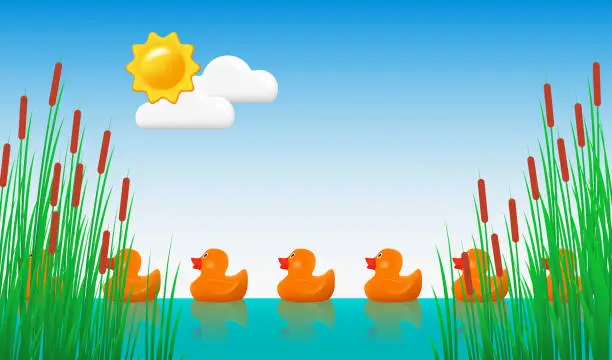 Vector illustration of Yellow ducks swimming on the lake