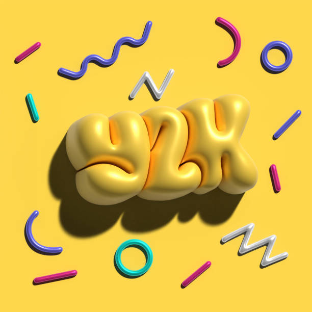 Raster 3d modeling clay word - Y2K. Realistic 3d render lettering on yellow background with metallic confetti. Creative colorful design for banner and cover. Volume bubble style.