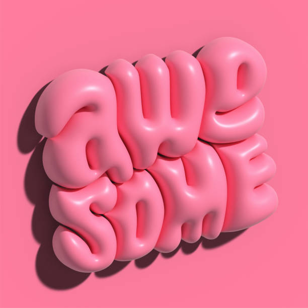 istock Raster 3d modeling clay word - awesome. Realistic 3d render lettering on pink background. Creative colorful design. Children cartoon style. 1590920389