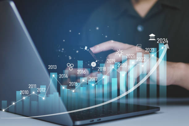 istock Concept business growing graph, chart with company progress and growth by year, 2024, economic growth, Business people check and analytic data of Annual Economic Growth Data. 1590922212