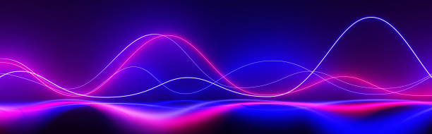 istock Neon light lines motion effect. Abstract blue and pink sound waves with smoke and reflection on water surface 3d render. Glowing curved trails, laser show on dark black background 1590926949