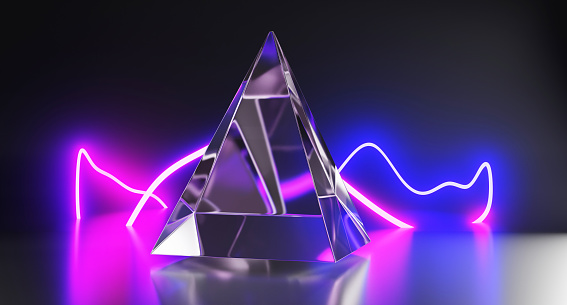 Glass pyramid with neon wave light lines on abstract black background 3d render. Transparent crystal triangle of geometric shape with refraction effect of glow curved laser beams. 3D illustration