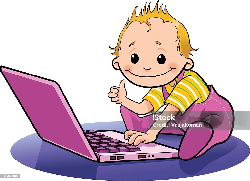 Bambino piccolo con Laptop - arte vettoriale royalty-free di Imparare