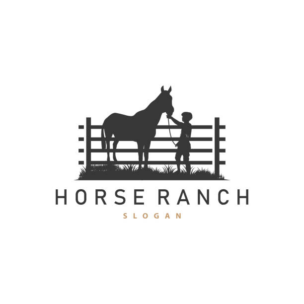 ilustrações, clipart, desenhos animados e ícones de logotipo do cavalo, west country farm ranch cowboy logo design, modelo de ilustração simples - barn farm moon old