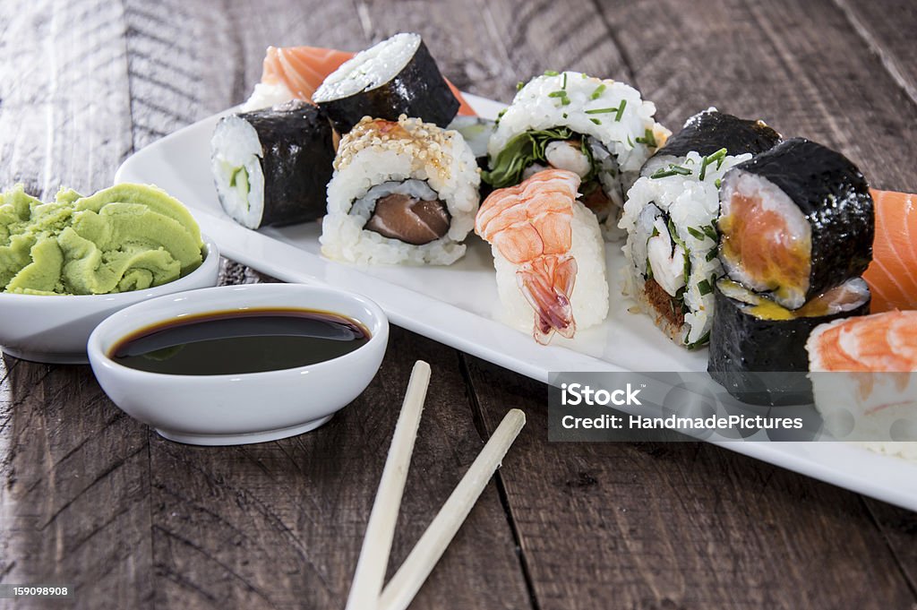 Mixed Sushi on a plate Mixed Sushi on a plate with Soy Sauce Asian Culture Stock Photo